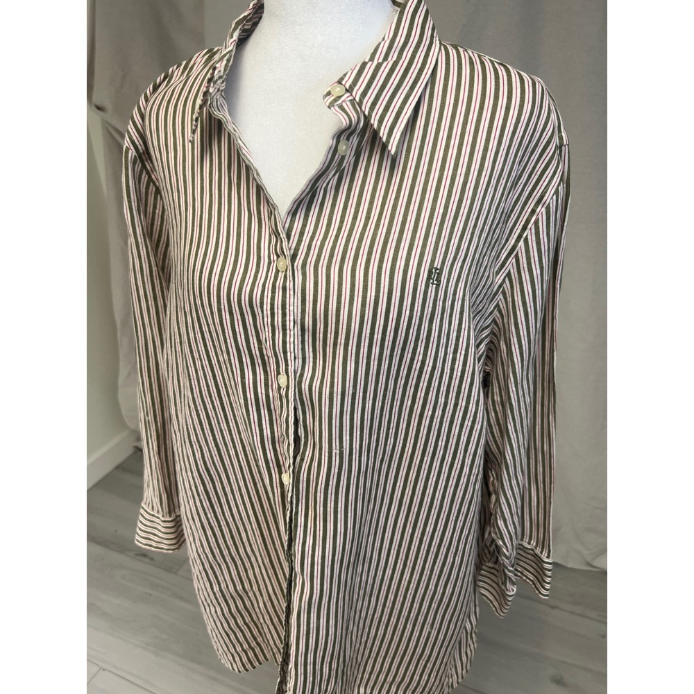 Lauren Ralph Lauren Linen Button Down Shirt Striped Green White Red Sz 2X Preppy - Picture 2 of 9
